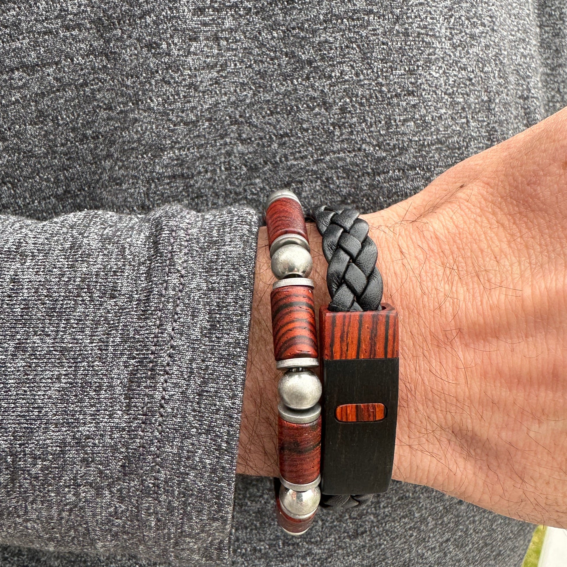wood bracelet with steel beads and leather band