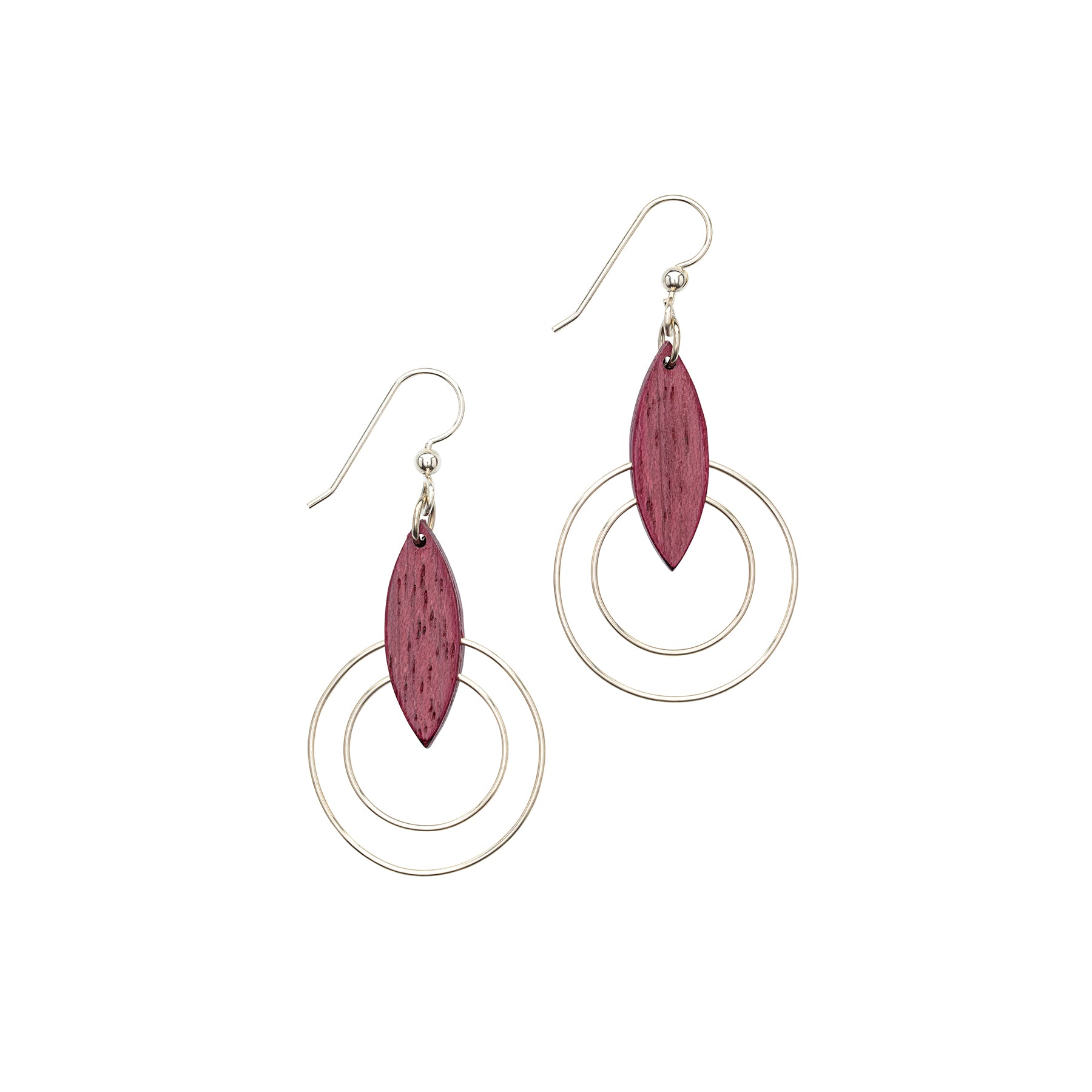 Purple heart and silver double ring earrings