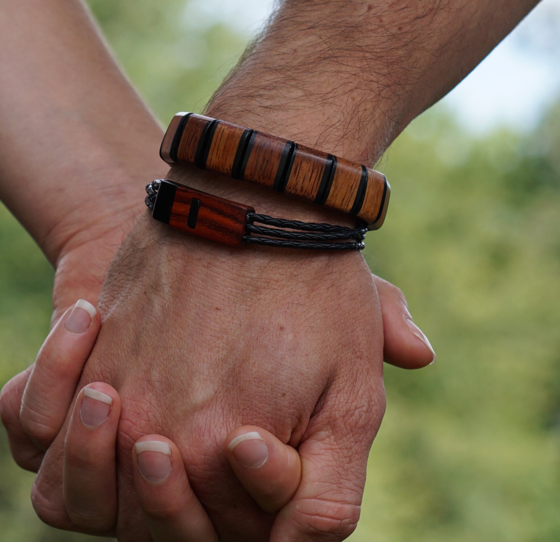 Bracelet - Wooden Clasp with Braided Leather Band Mix of Cocobolo and Ebony / Medium